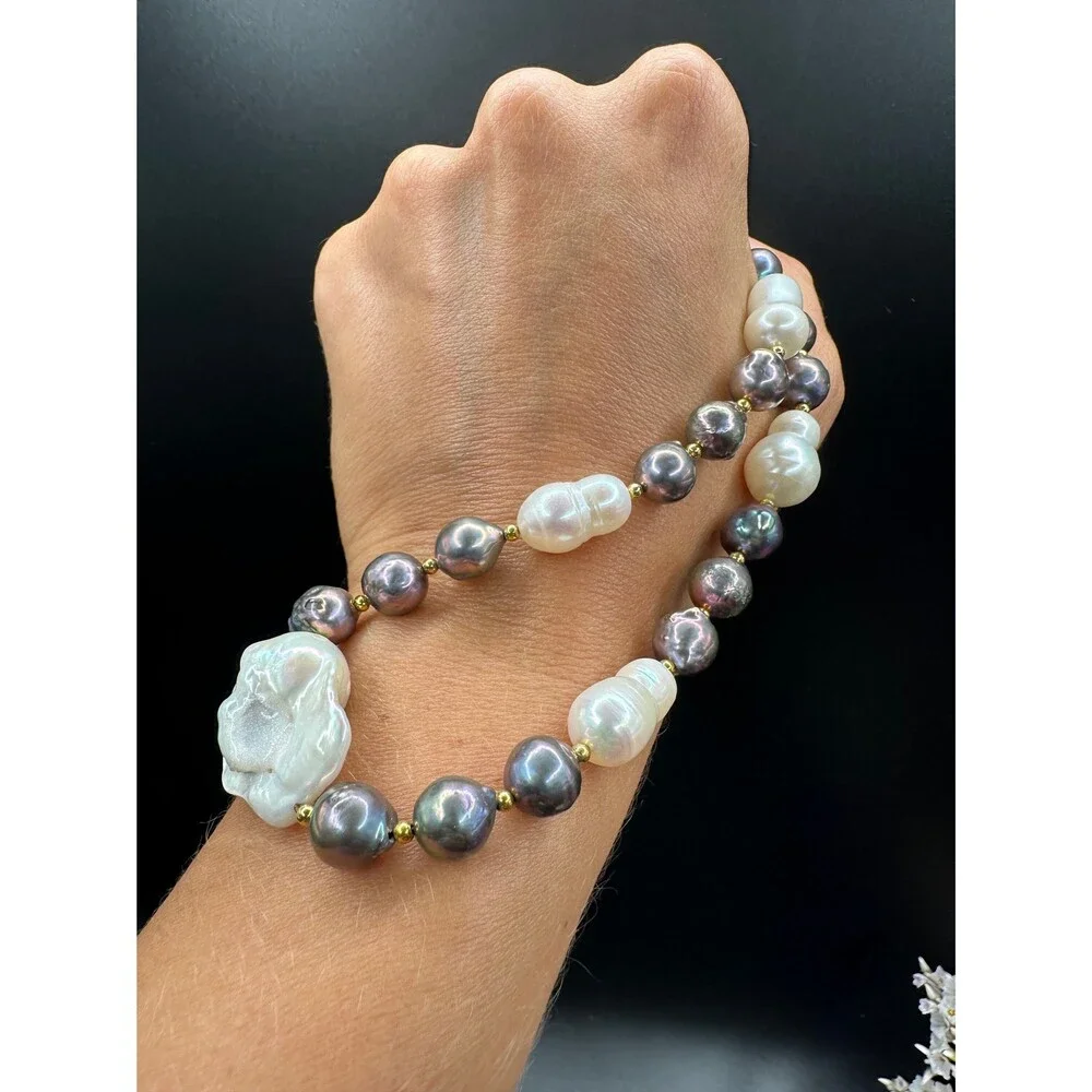 White and black mixed Edison pearl choker, 925 sterling silver gold plated